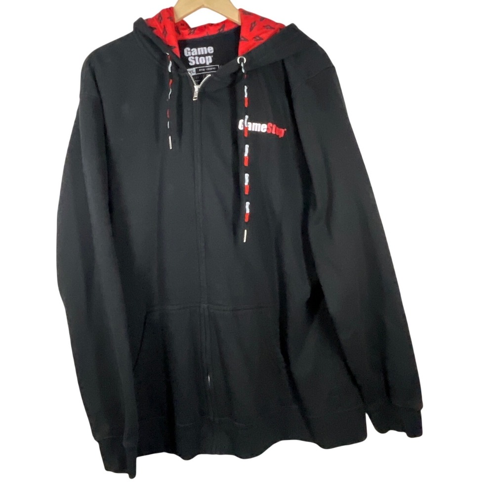 GameStop Mens 2XL Black Full Zip Hoodie Sweatshirt Red Logo Promo Fleece Jacket